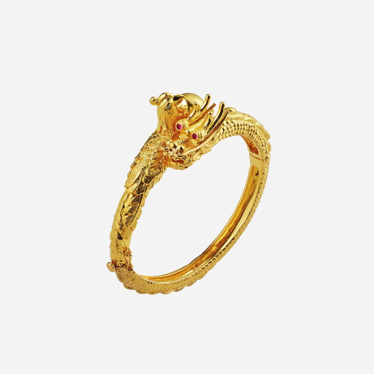 22k yellow gold dragon phoenix bangle featuring intricate design and red gemstone accents, perfect for special occasions.