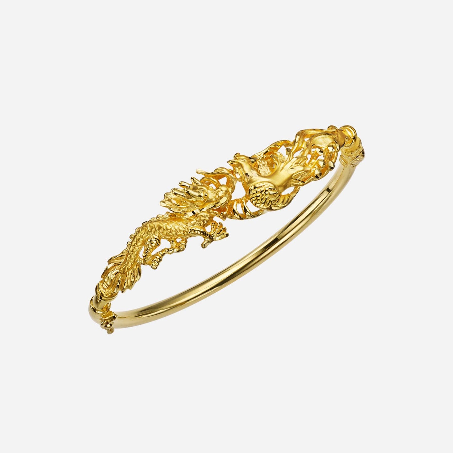 dragon phoenix bangle in 22k yellow gold featuring intricate dragon and phoenix designs, symbolizing eternity.