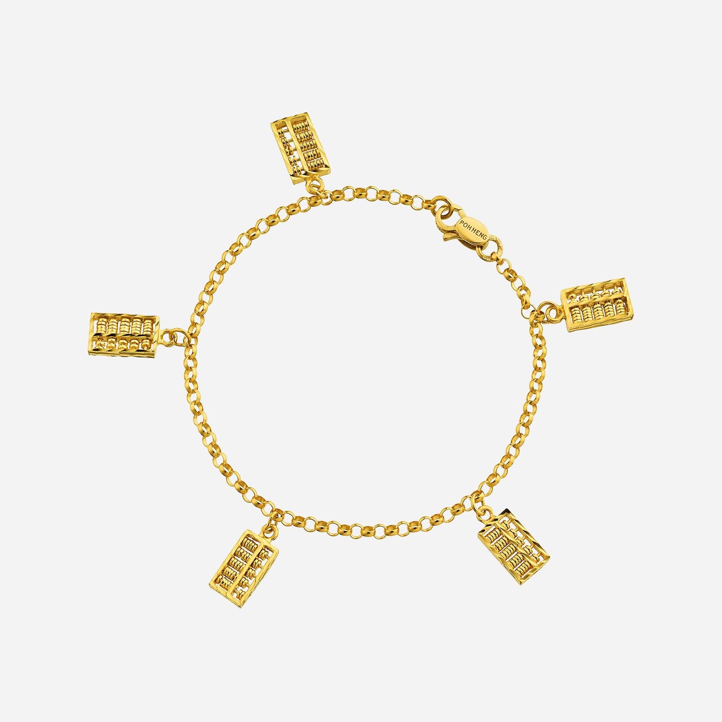 22k yellow gold abacus bracelet featuring 5 movable charms symbolizing prosperity and wealth accumulation.