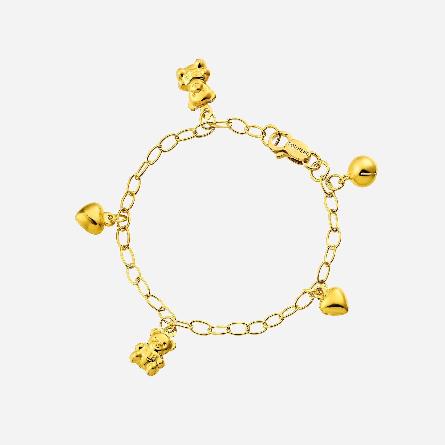 22k yellow gold baby charm bracelet featuring bear and heart charms, ideal for childhood memories.