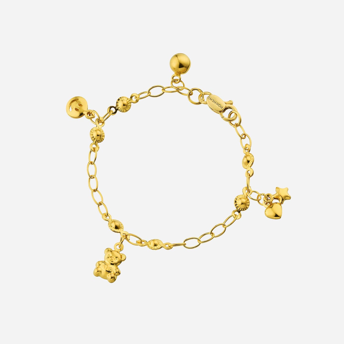 22k yellow gold baby bracelet with tiny bear, star, and heart charms on a delicate chain design.