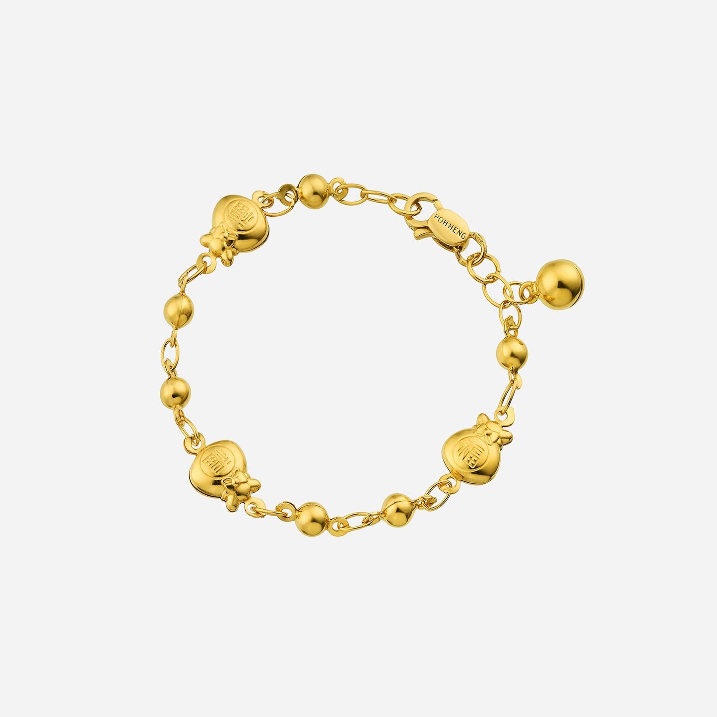 22k yellow gold baby charm bracelet with wealth bag design and round beads, symbolizing prosperity and abundance.