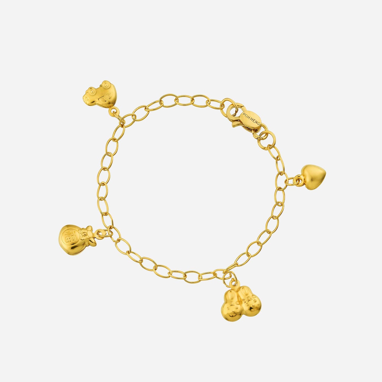 baby charm bracelet in 22k yellow gold featuring love, boots, car, bell, and wealth bag charms.
