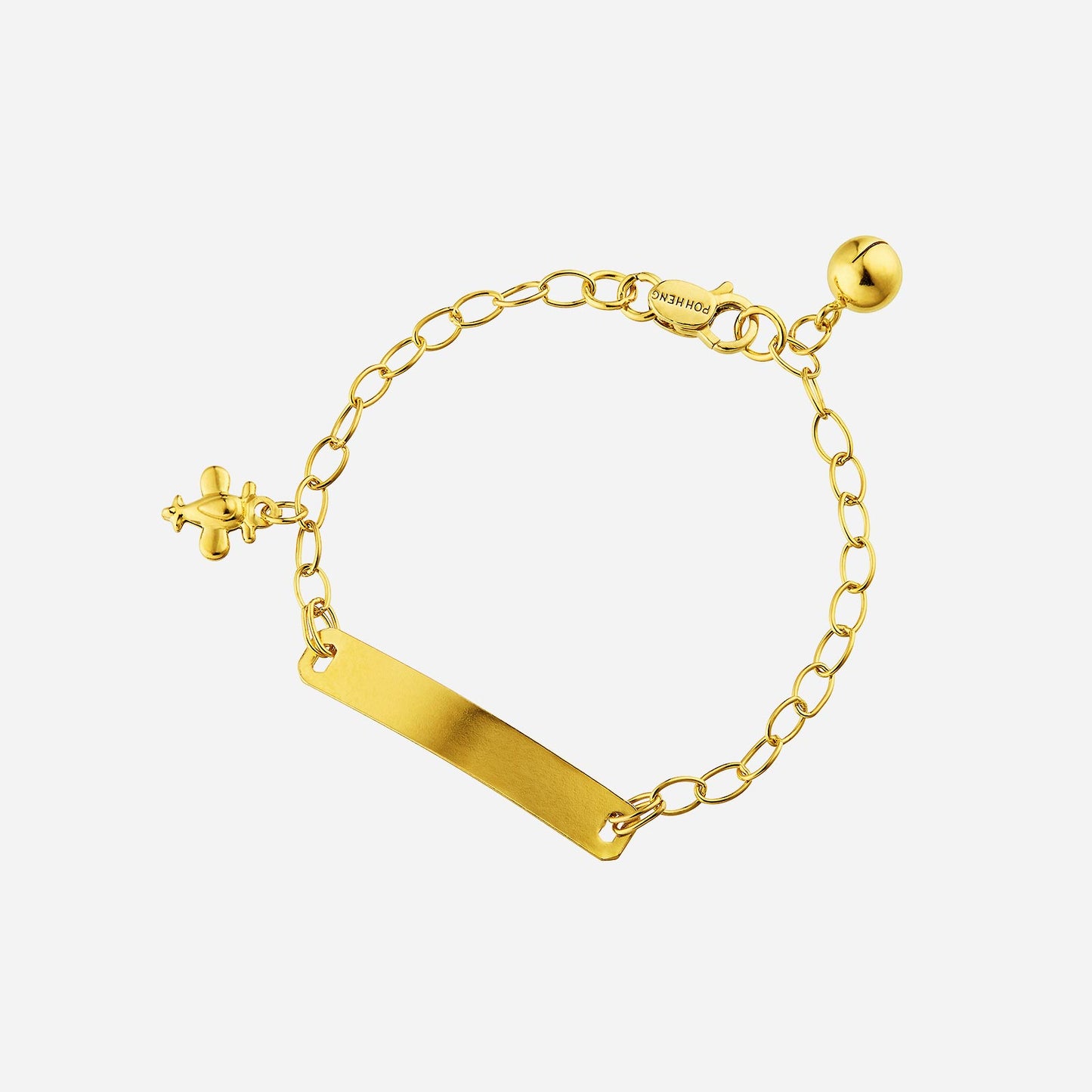 22k yellow gold baby name bracelet with customizable name plate, airplane charm, and bell detail for children.