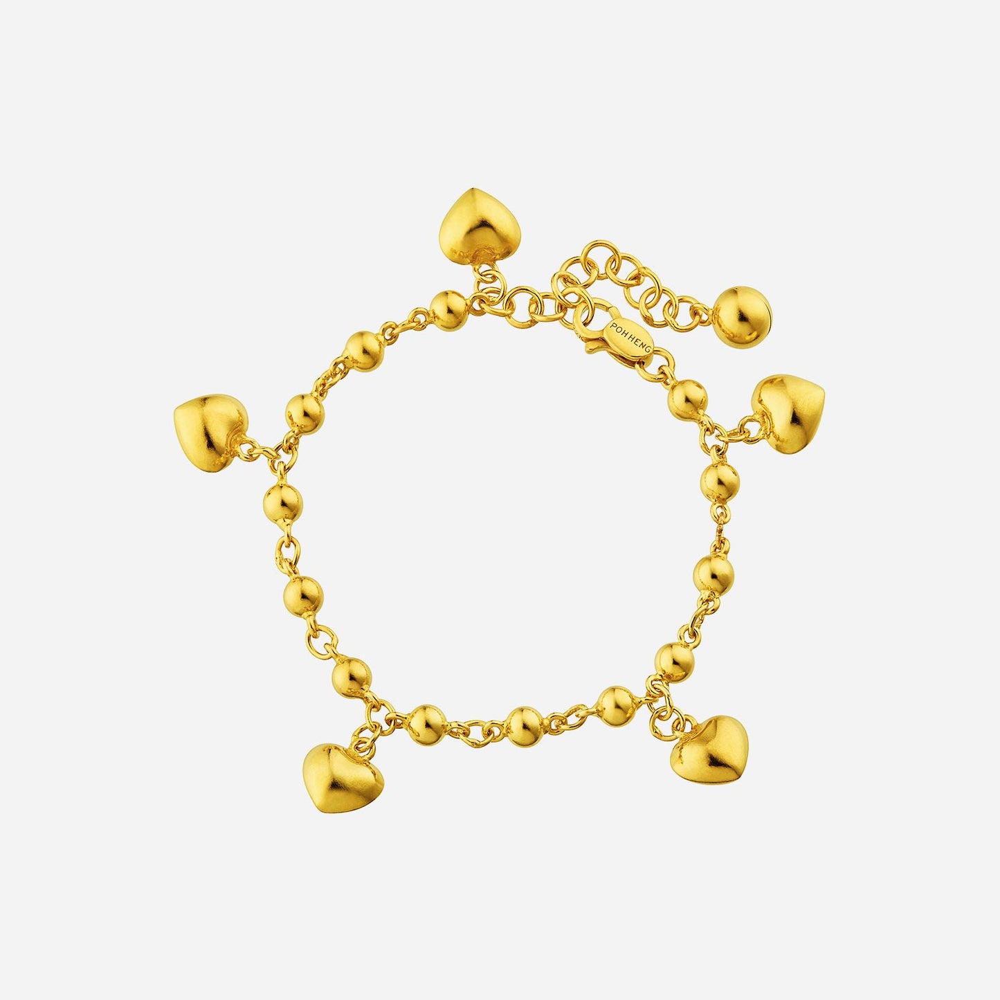 22k yellow gold baby bracelet with heart-shaped charms and spherical beads for a charming touch.