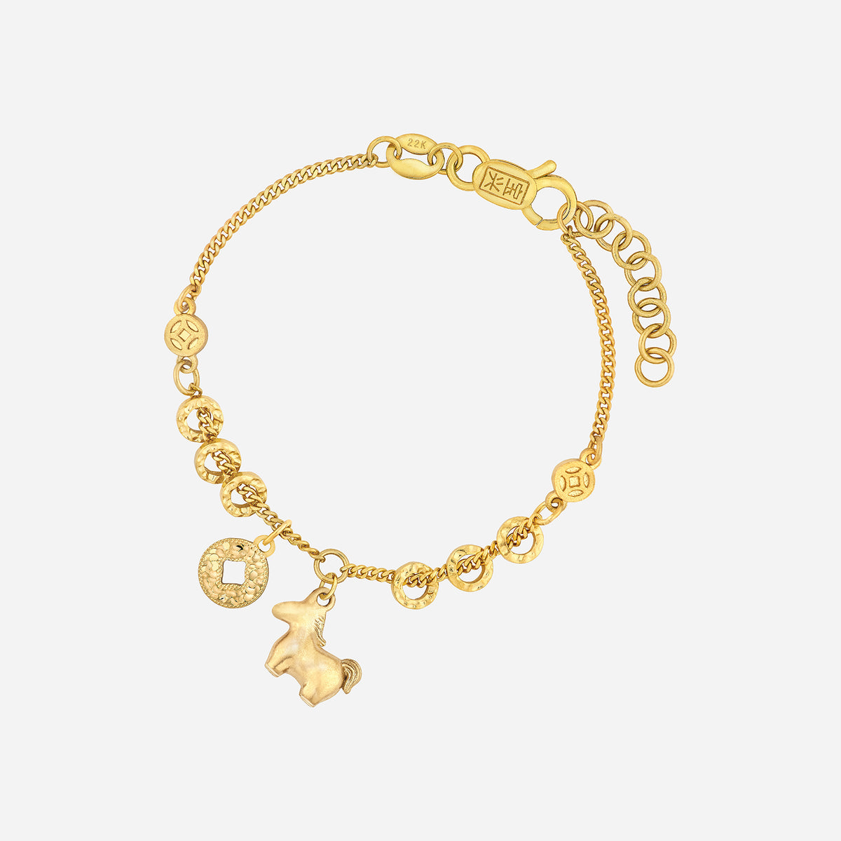 pony baby bracelet in 22k yellow gold featuring a playful pony motif and coin accents on a delicate chain.