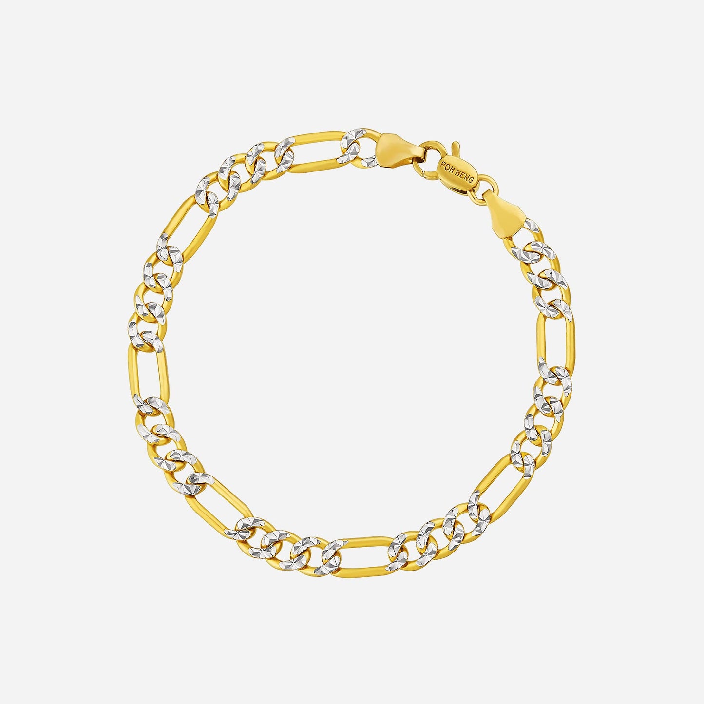 textured figaro bracelet in yellow and white gold, featuring alternating links for a bold yet balanced design.