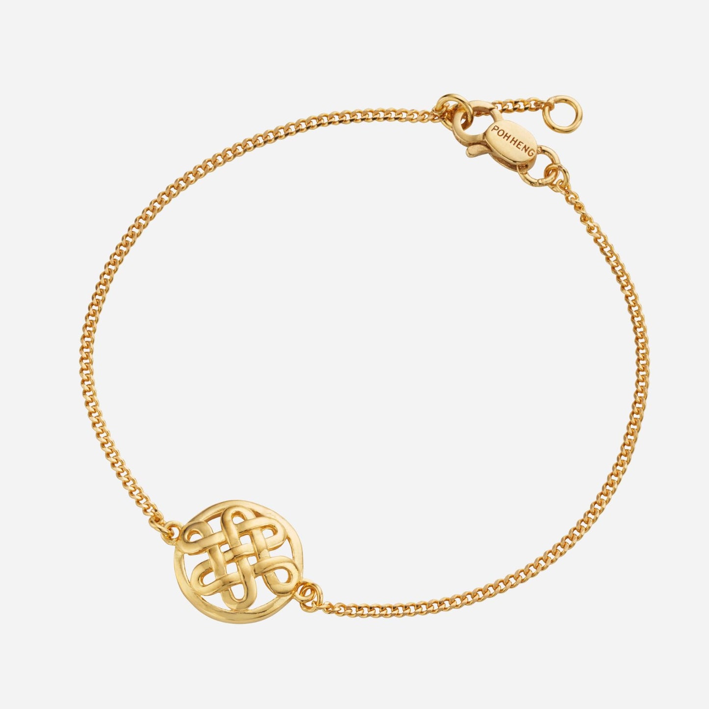 eternity knot bracelet in 22k yellow gold with a delicate chain and circular knot motif centerpiece.
