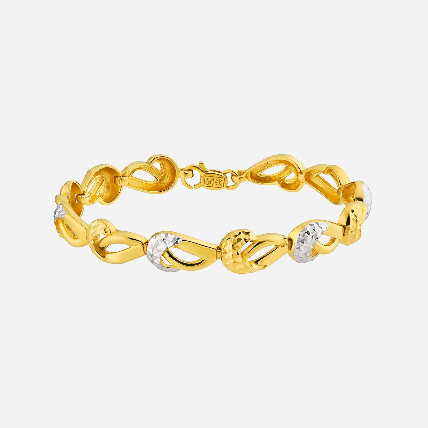 trails of romance bracelet in yellow and white gold with intricate designs symbolizing prosperity and eternal love.