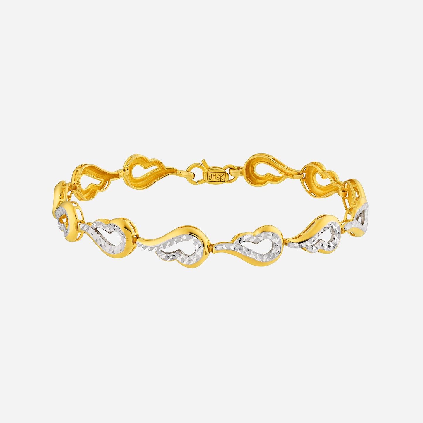 22k yellow and white gold bracelet with intricate heart and loop design, symbolizing love and prosperity.