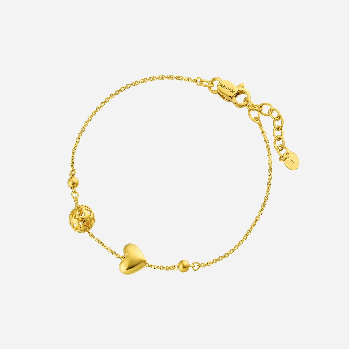 delicate 22k yellow gold bracelet with heart and ornate bead designs, featuring a chain link adjustable clasp.
