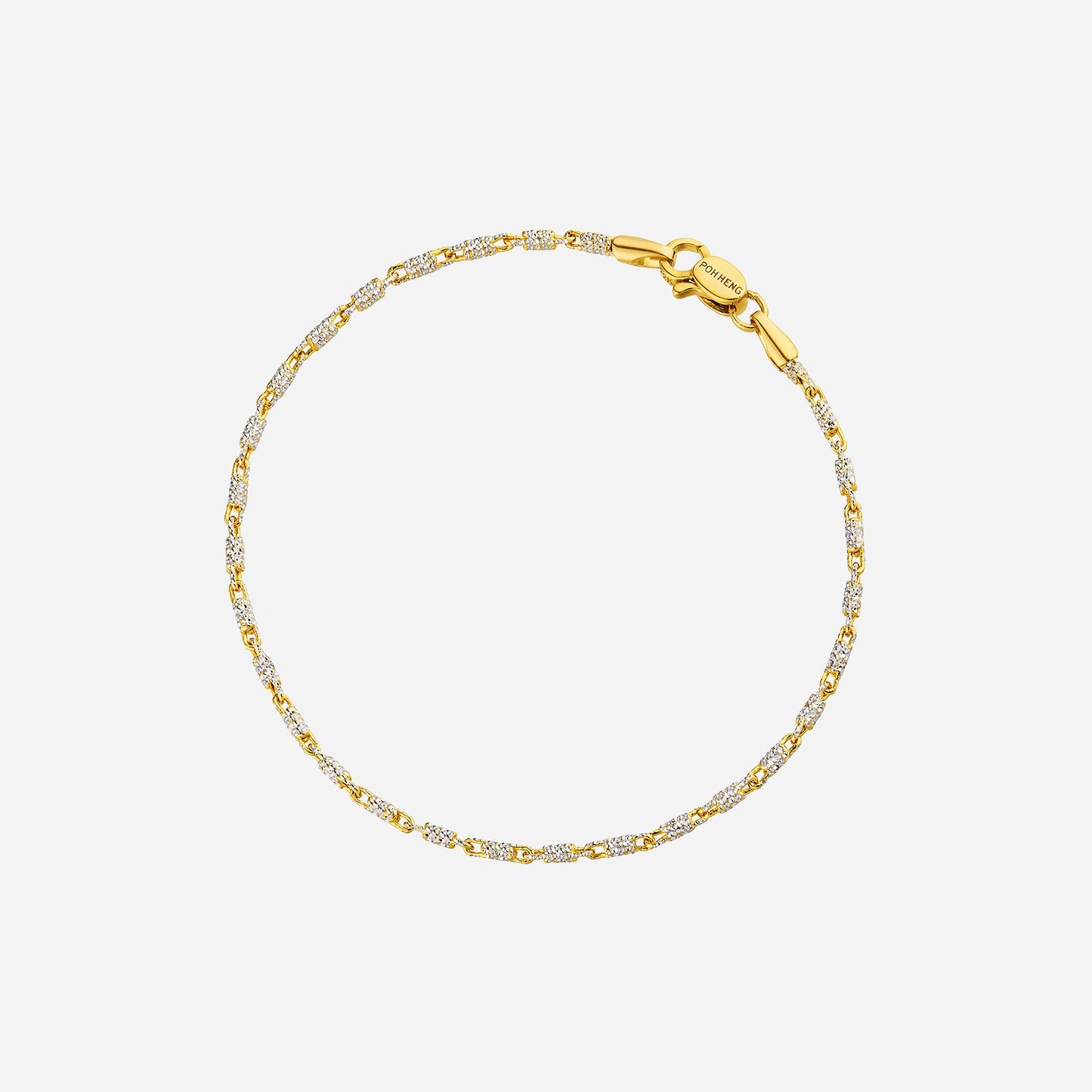 round snail chain bracelet in 22k yellow and white gold with intertwined links, showcasing chic, modern design.