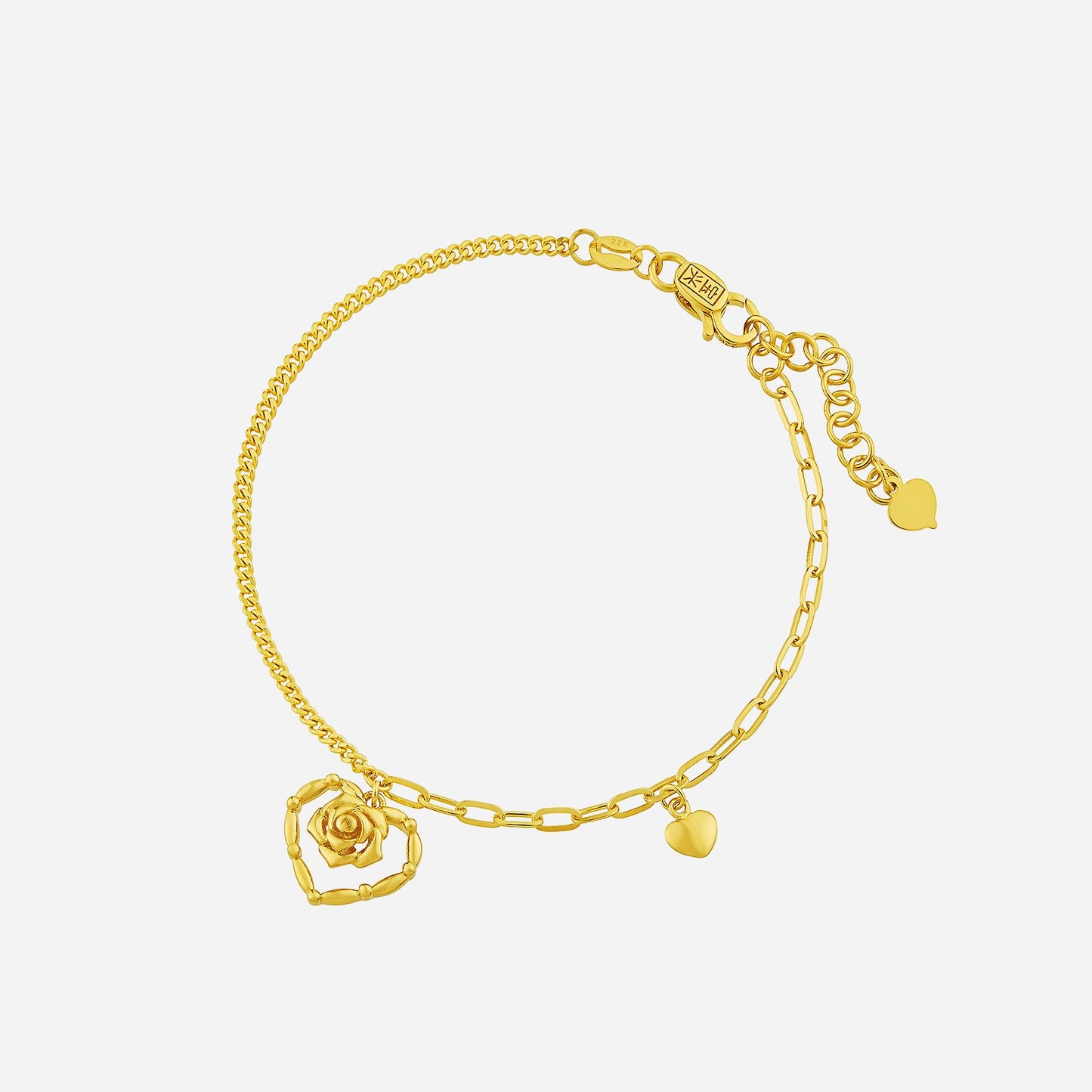 rose bracelet in 22k yellow gold featuring a floral charm and heart accents for an elegant touch.