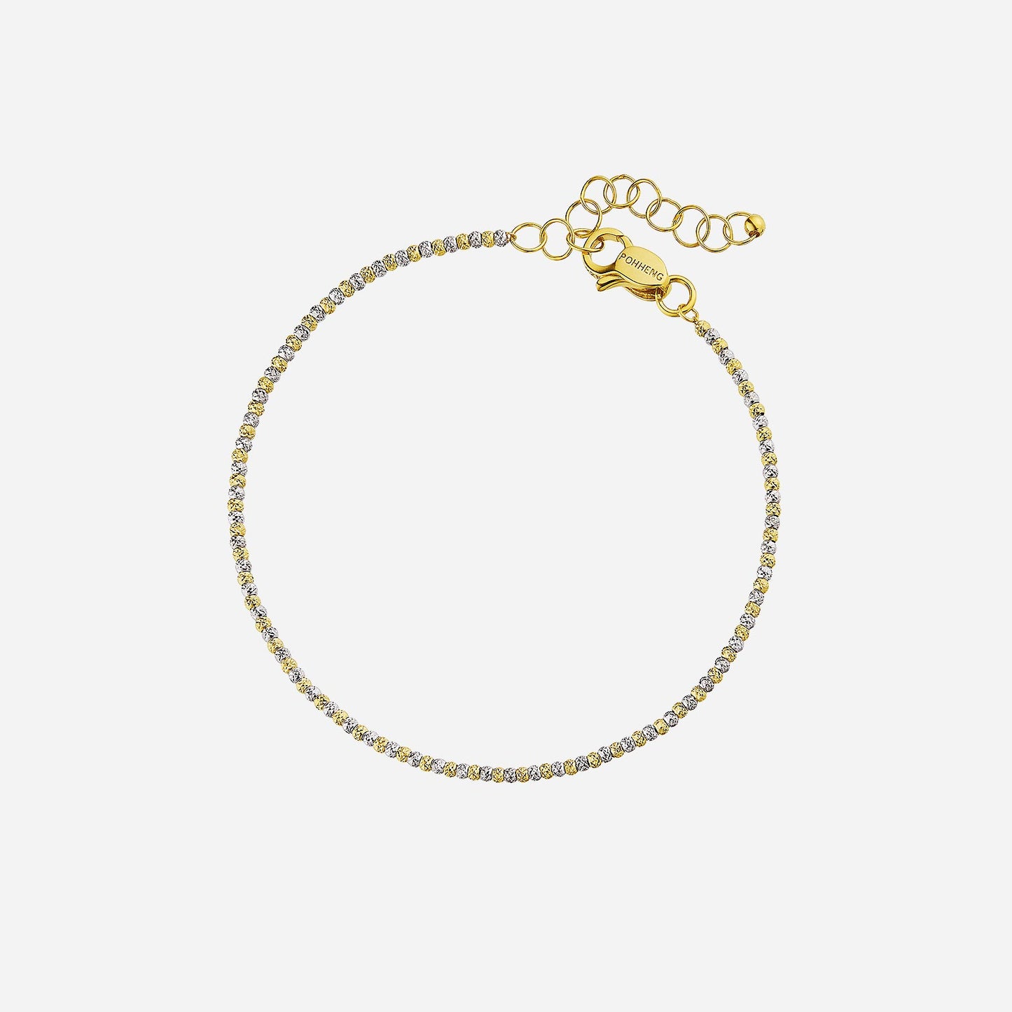 beaded chain bracelet in yellow and white gold featuring two-tone beads and a secure clasp design.