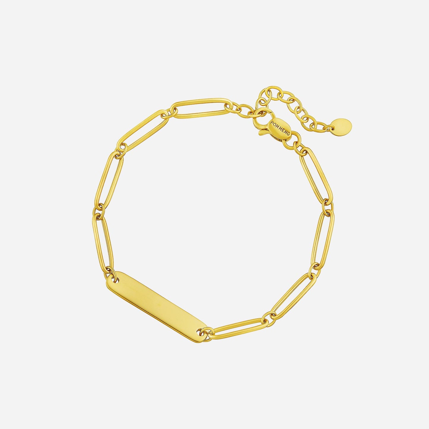 22k yellow gold love script bracelet featuring an engravable plate and elegant chain design, perfect for personal keepsakes.