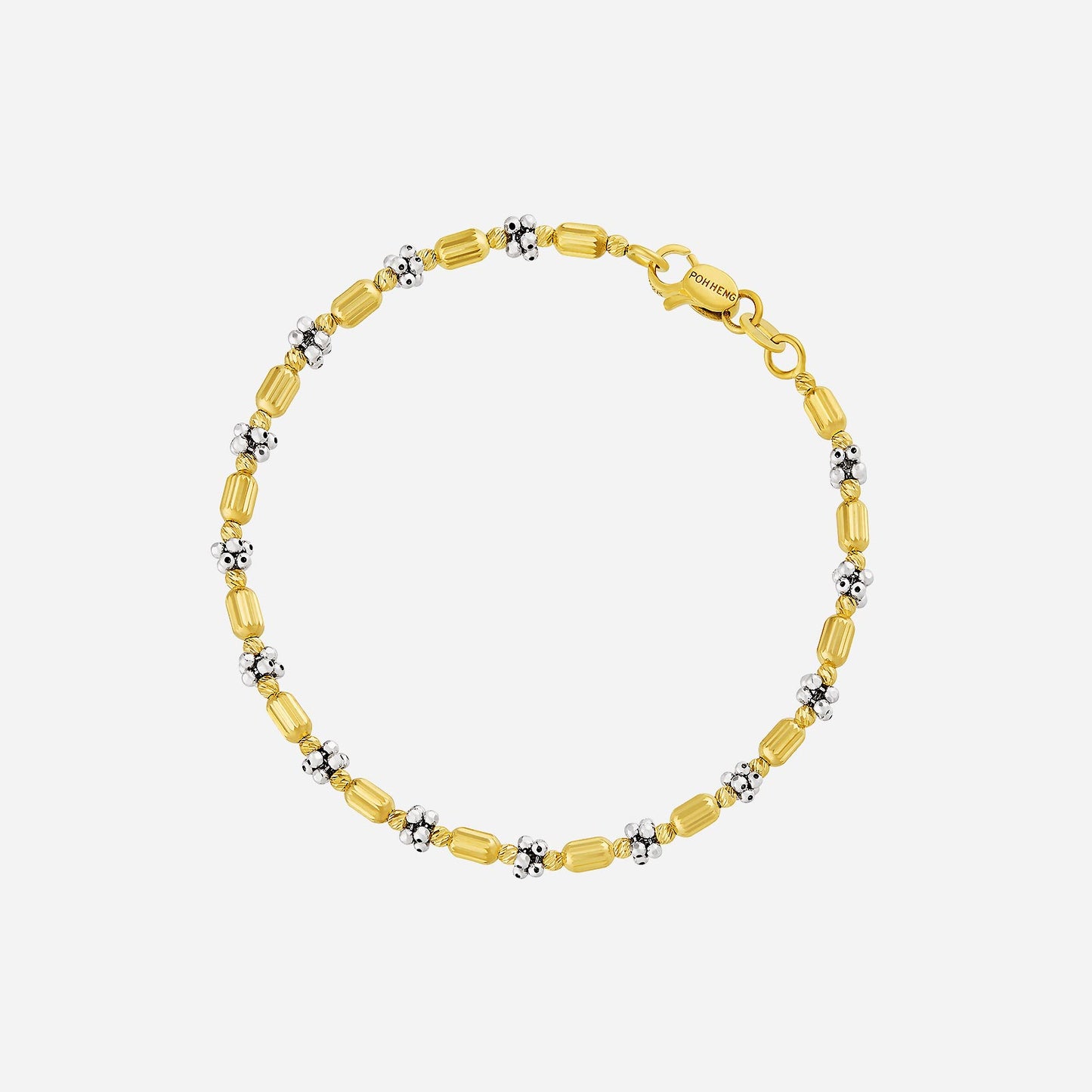 beaded bracelet in 22k yellow and white gold with polished barrel beads and clustered accents.