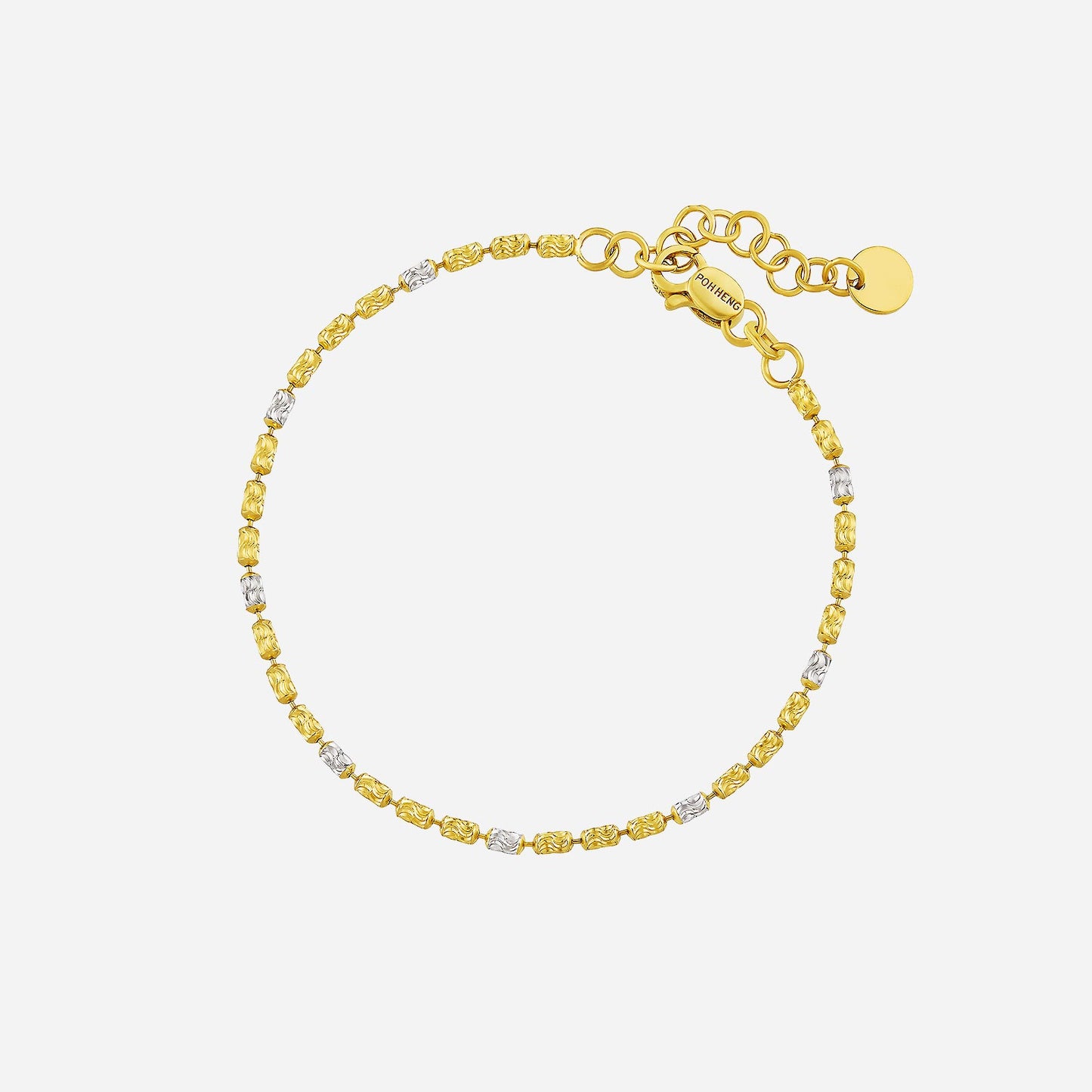 beaded bracelet in 22k yellow and white gold with alternating gold and silver beads, featuring a delicate design.