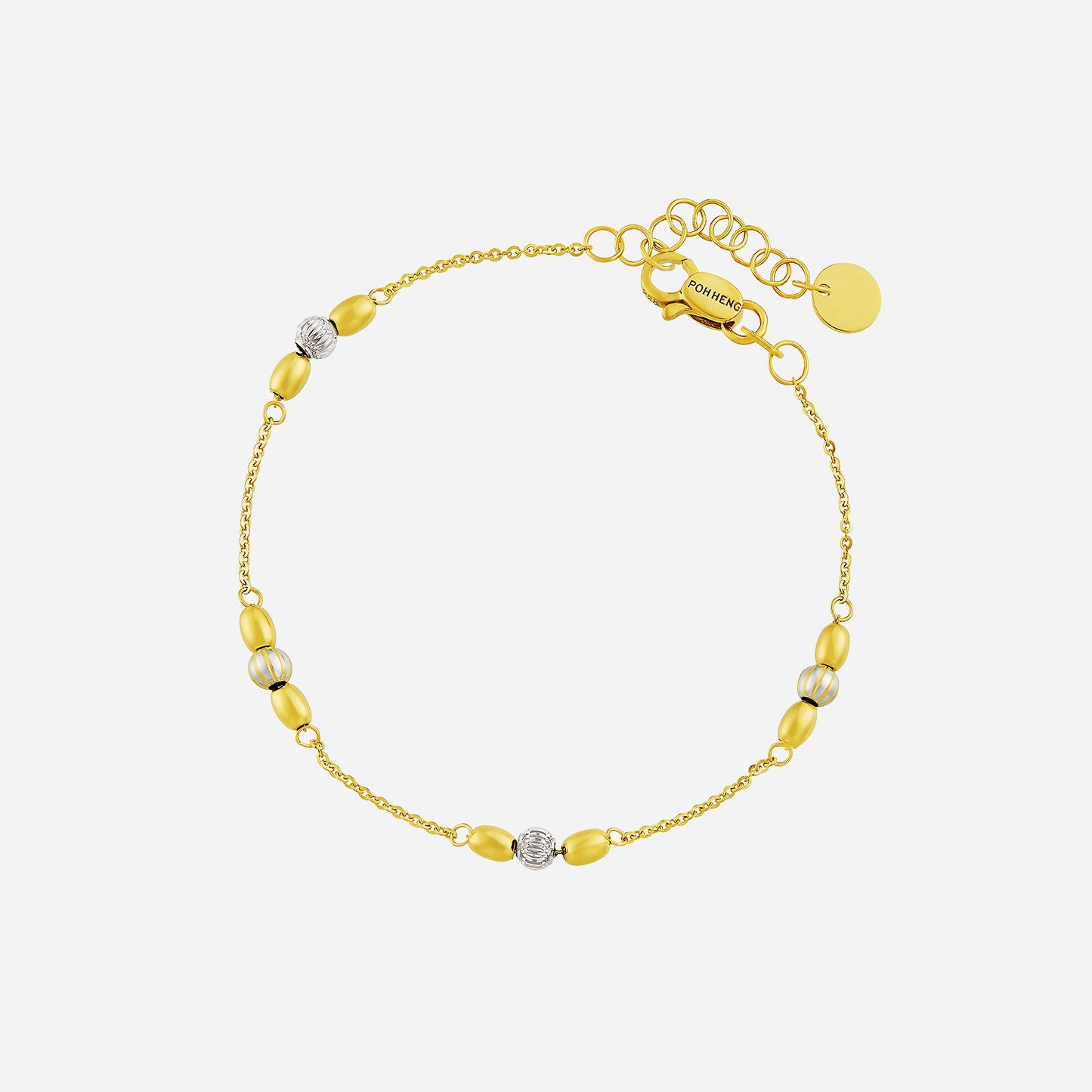 beaded bracelet in 22k yellow and white gold with elegant round and oval beads in a delicate design.