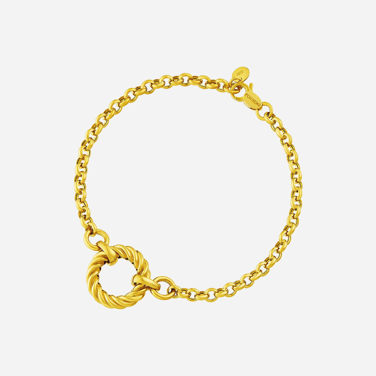 circular link bracelet in 22k yellow gold with textured rope ring and classic rounded link chain design.