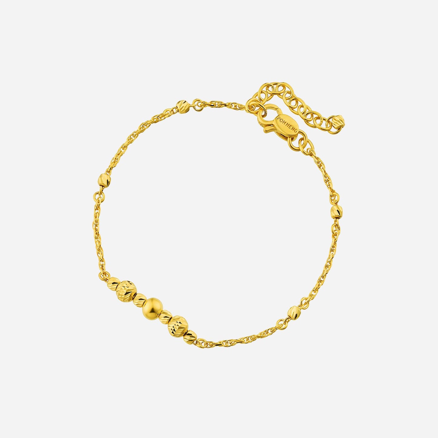 bead bracelet in 22k yellow gold with handcrafted spherical beads and twisted chain design. perfect for elegant layering.