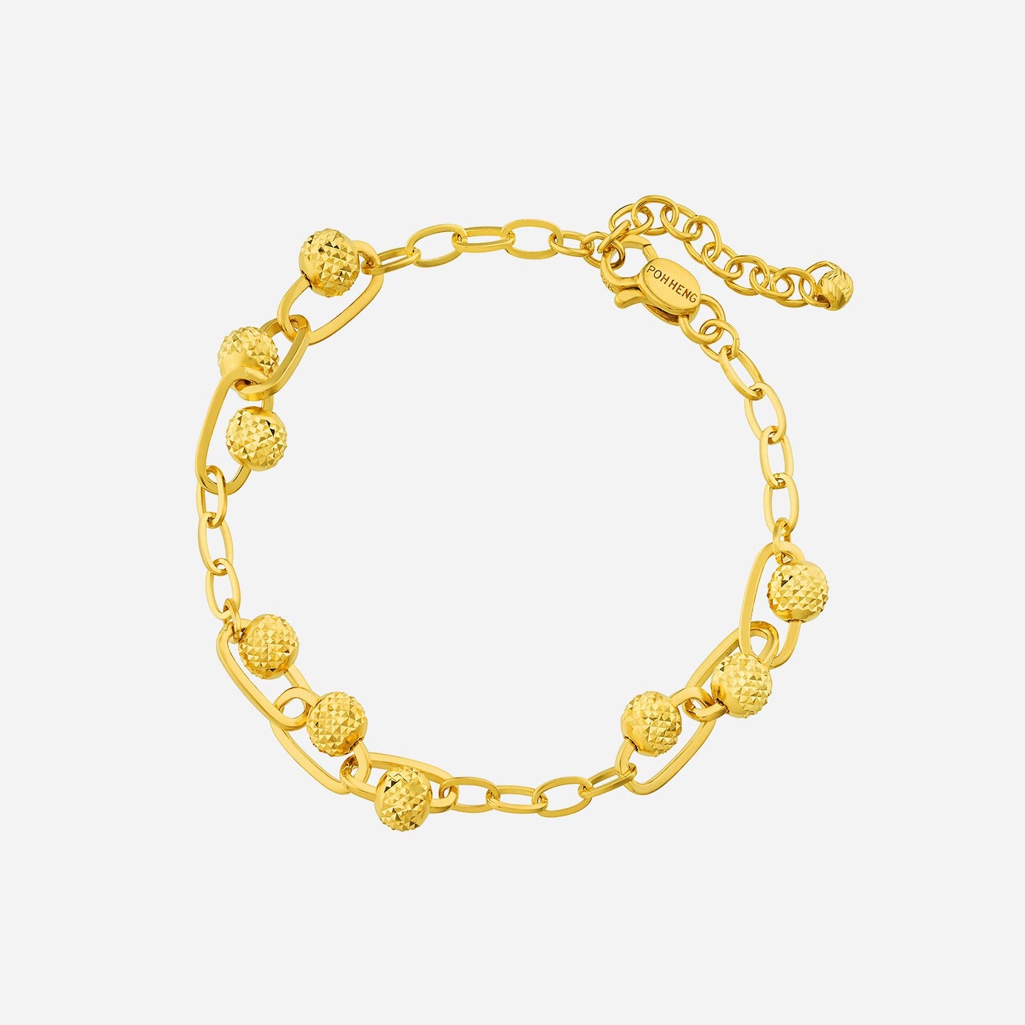 bead bracelet in 22k yellow gold featuring textured spheres and interlinking chain design. perfect for modern elegance.