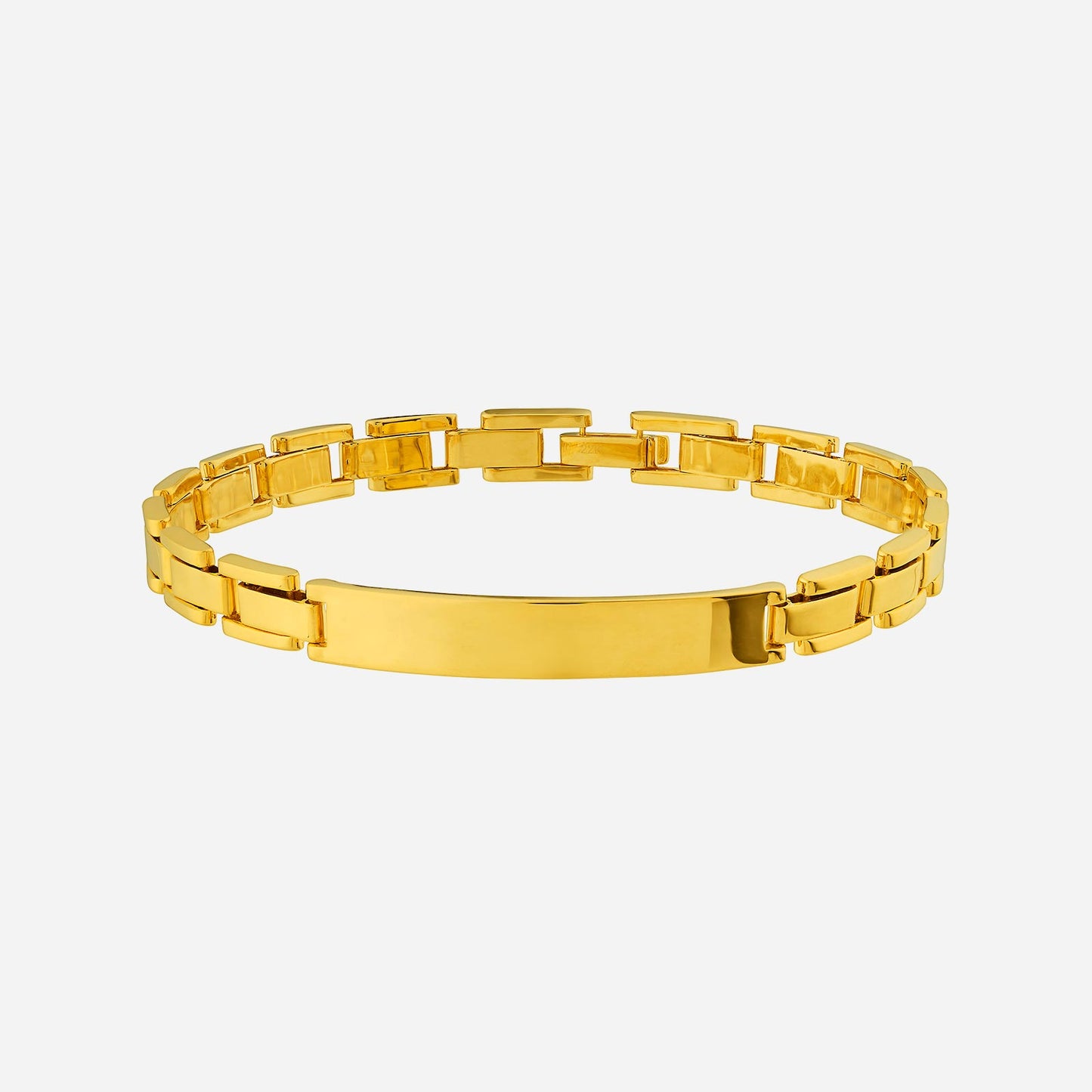 personalised name bracelet in 22k yellow gold with a sleek, modern chain design and an engraving plate for custom names.