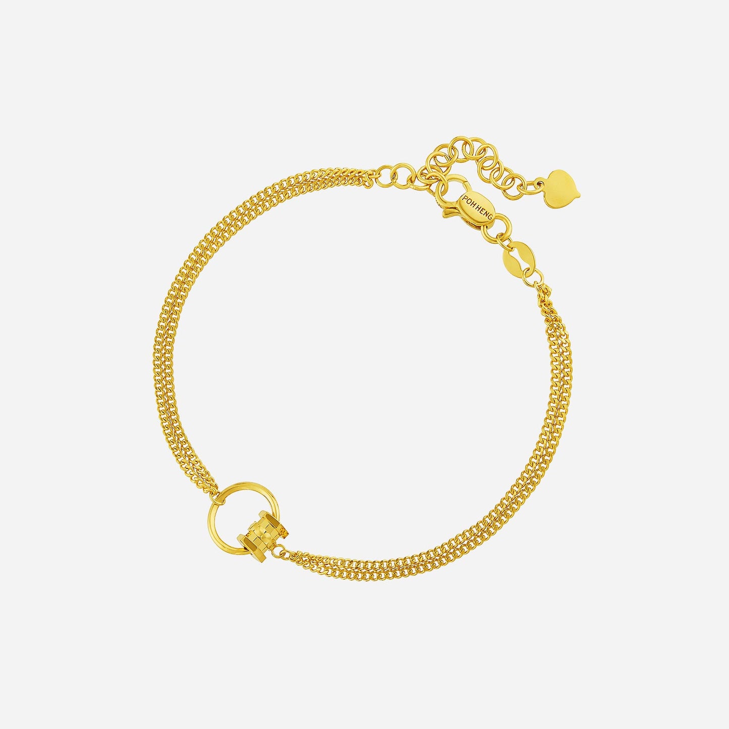 22k yellow gold circular barrel bracelet with a sleek design and adjustable chain, perfect for a modern statement look.