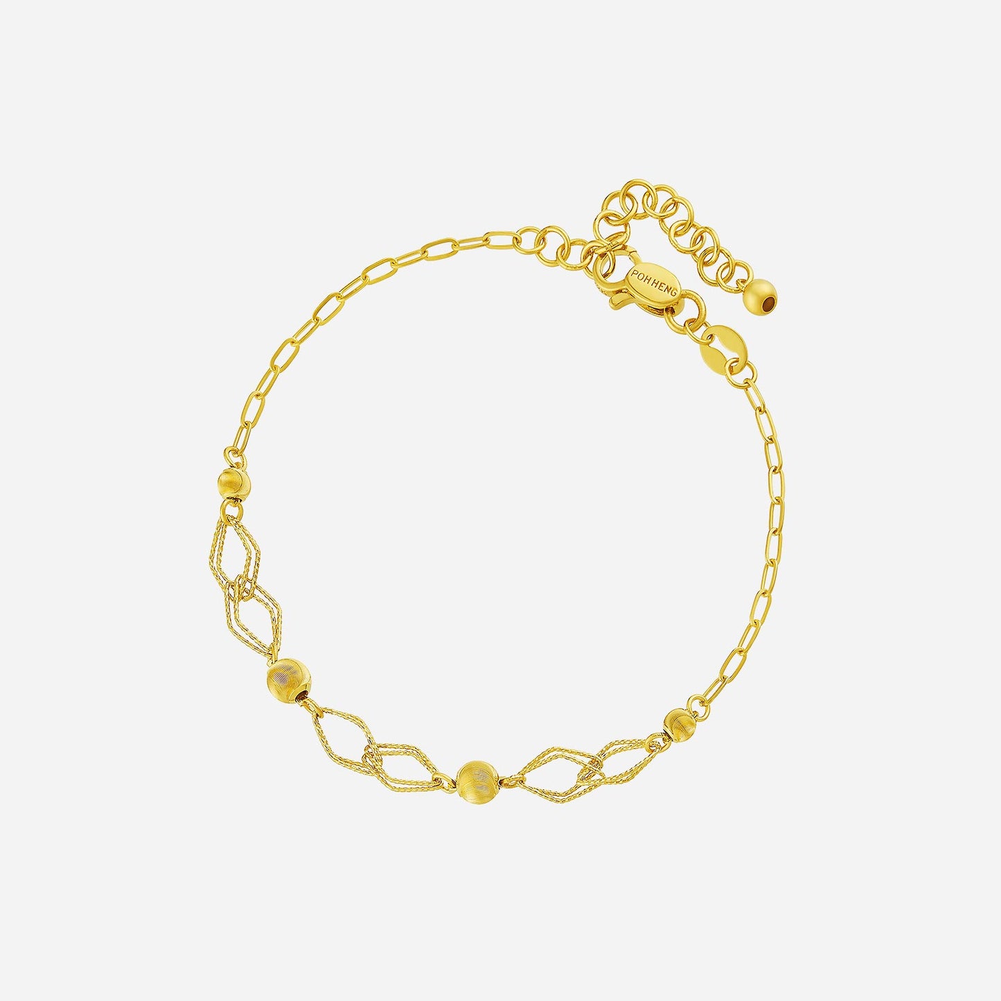 textured rhombus loop bracelet in 22k yellow gold with polished gold beads for adjustable elegance.