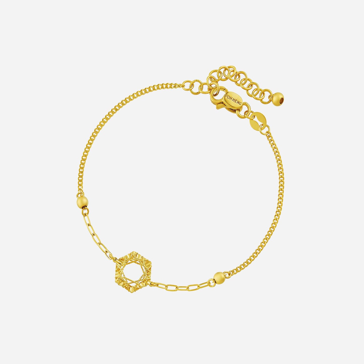 tweed octogen bracelet in 22k yellow gold with an octagonal charm and adjustable chain design. perfect for versatile styling.