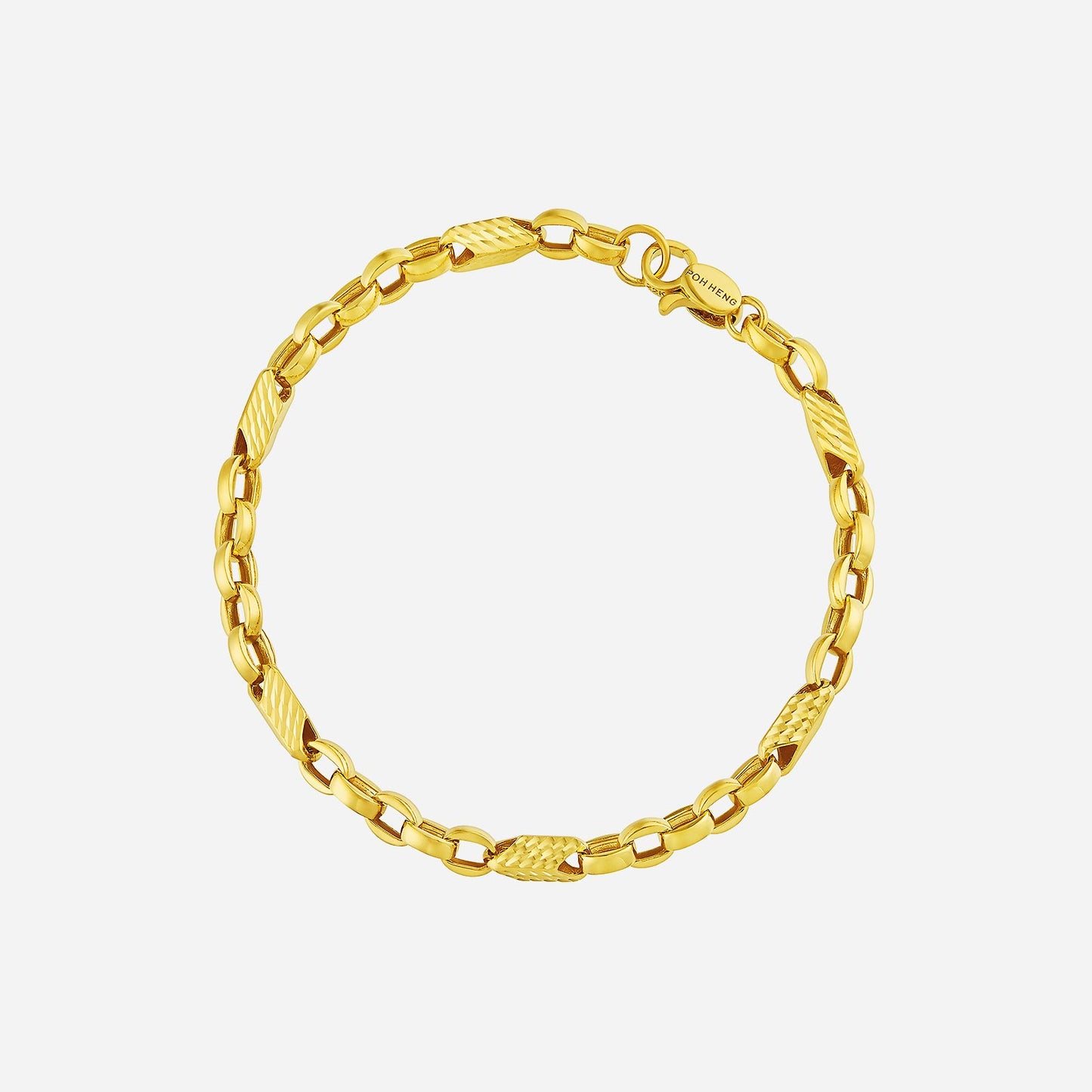 22k yellow gold belcher link bracelet featuring textured and smooth links for a sophisticated design.
