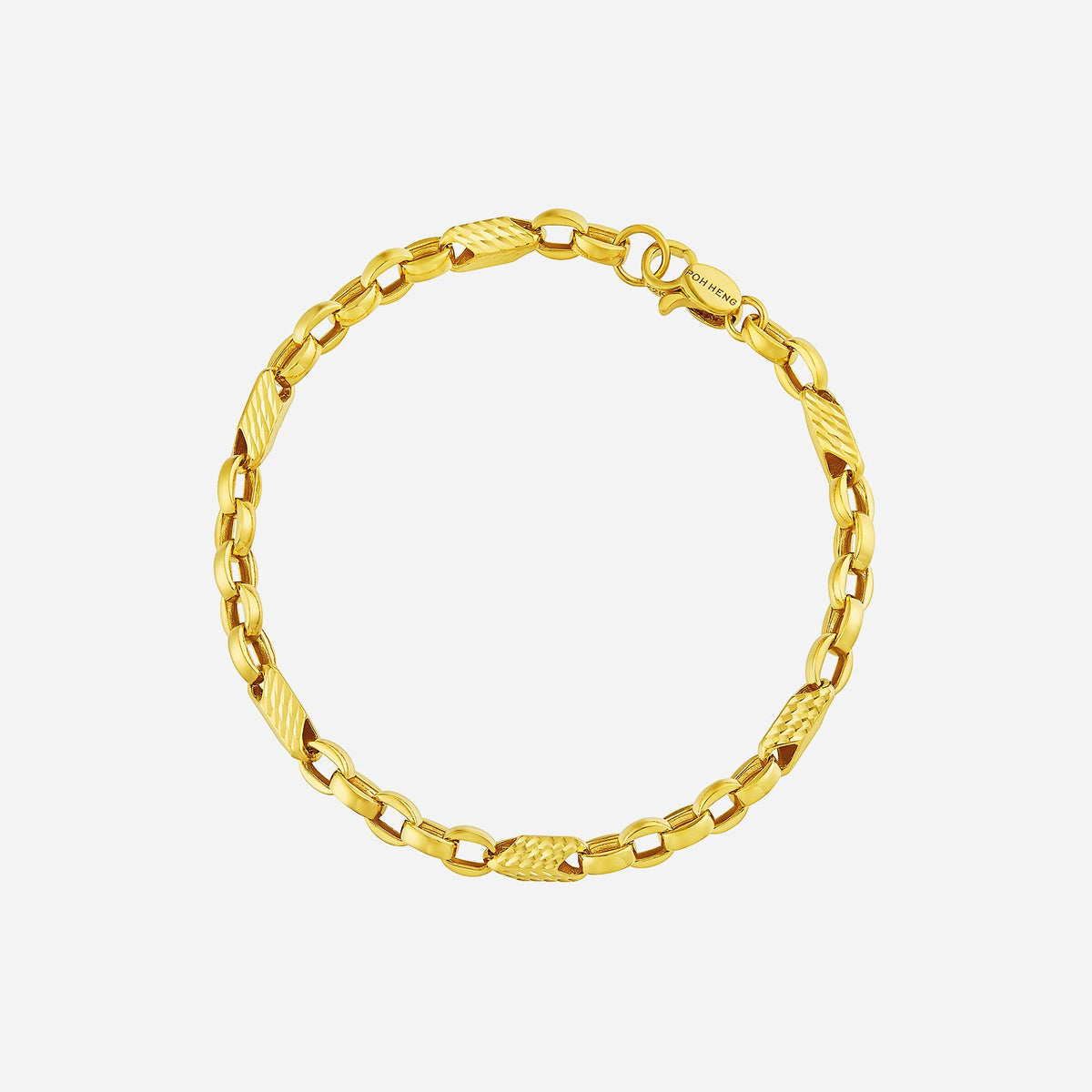 22k yellow gold belcher link bracelet featuring textured and smooth links for timeless elegance.