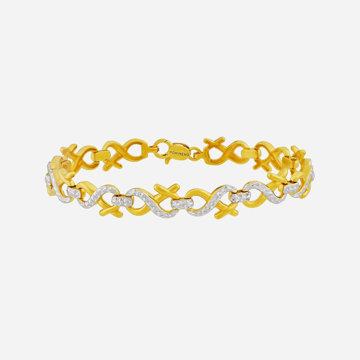 infinity cross bracelet in 22k yellow and white gold with an intertwined pattern and elegant design.