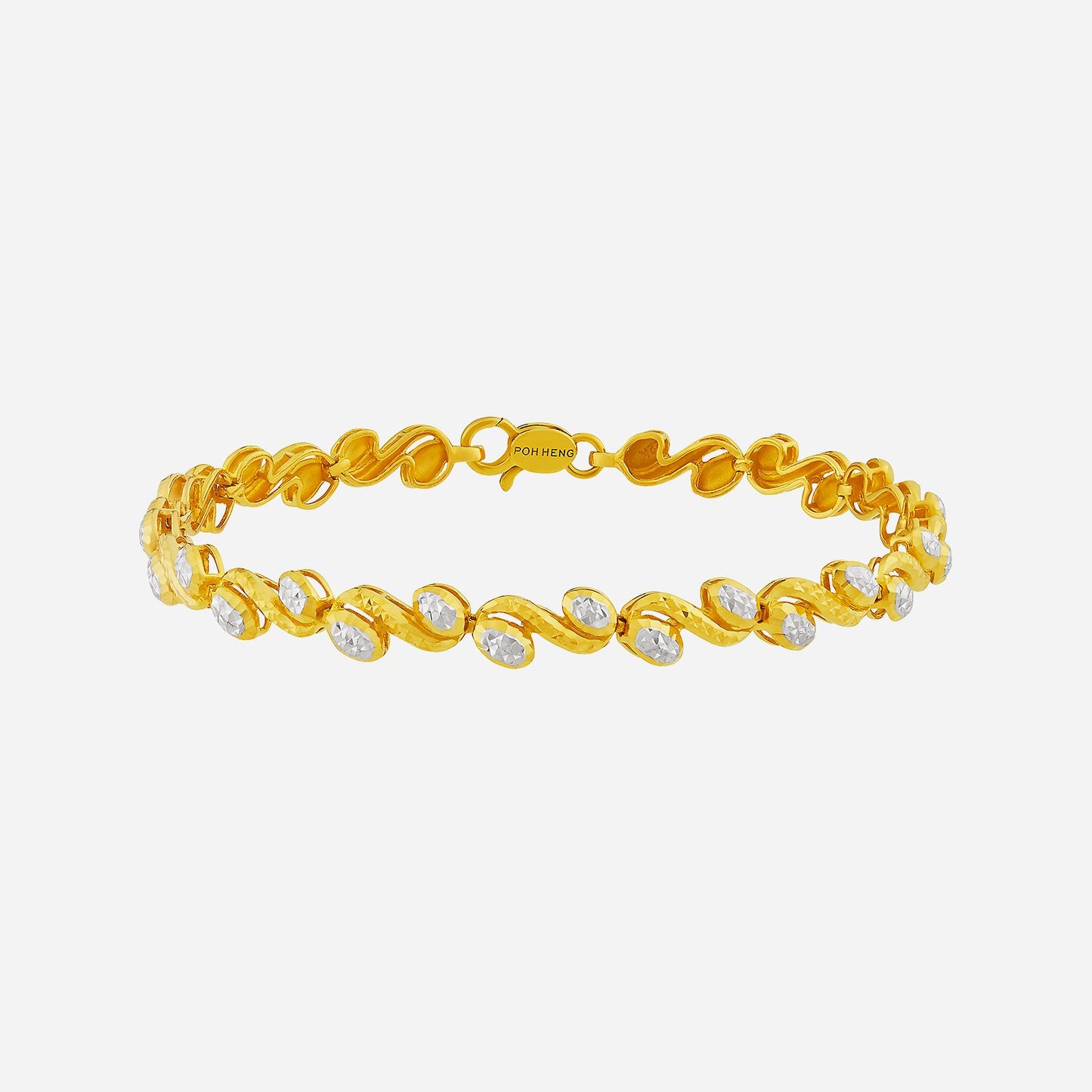 dainty bracelet in yellow and white gold with a wavy design and sparkling clear gemstones.