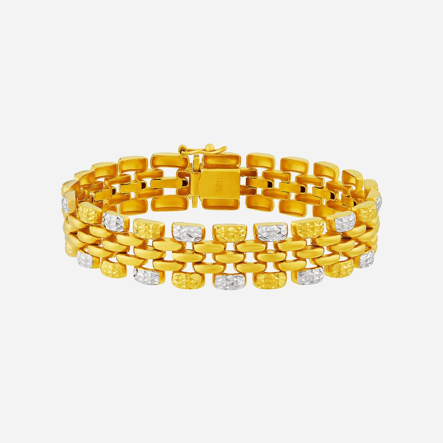 aurelia bracelet in 22k yellow white gold with intricate links and sparkling gemstones, featuring a bold and elegant design.