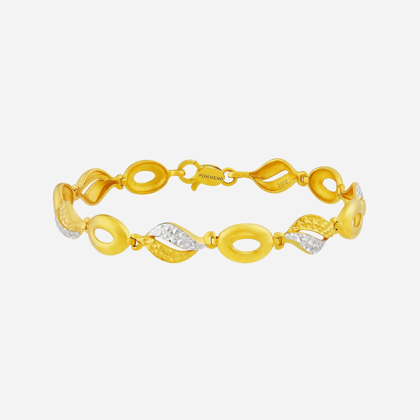allura bracelet in 22k yellow and white gold with wavy designs and polished finish, perfect for elegant occasions.