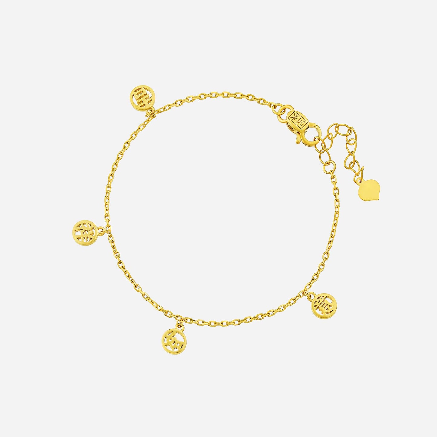 22k yellow gold prosperity bracelet with charm details and a delicate chain design for elegant everyday wear.