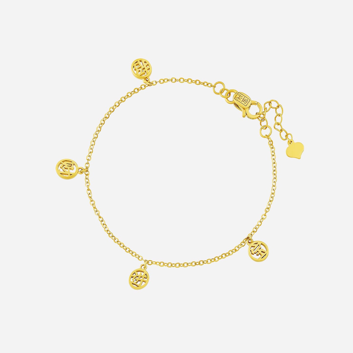 22k yellow gold bracelet with intricate charms symbolizing wealth and fortune, perfect for everyday and special occasions.