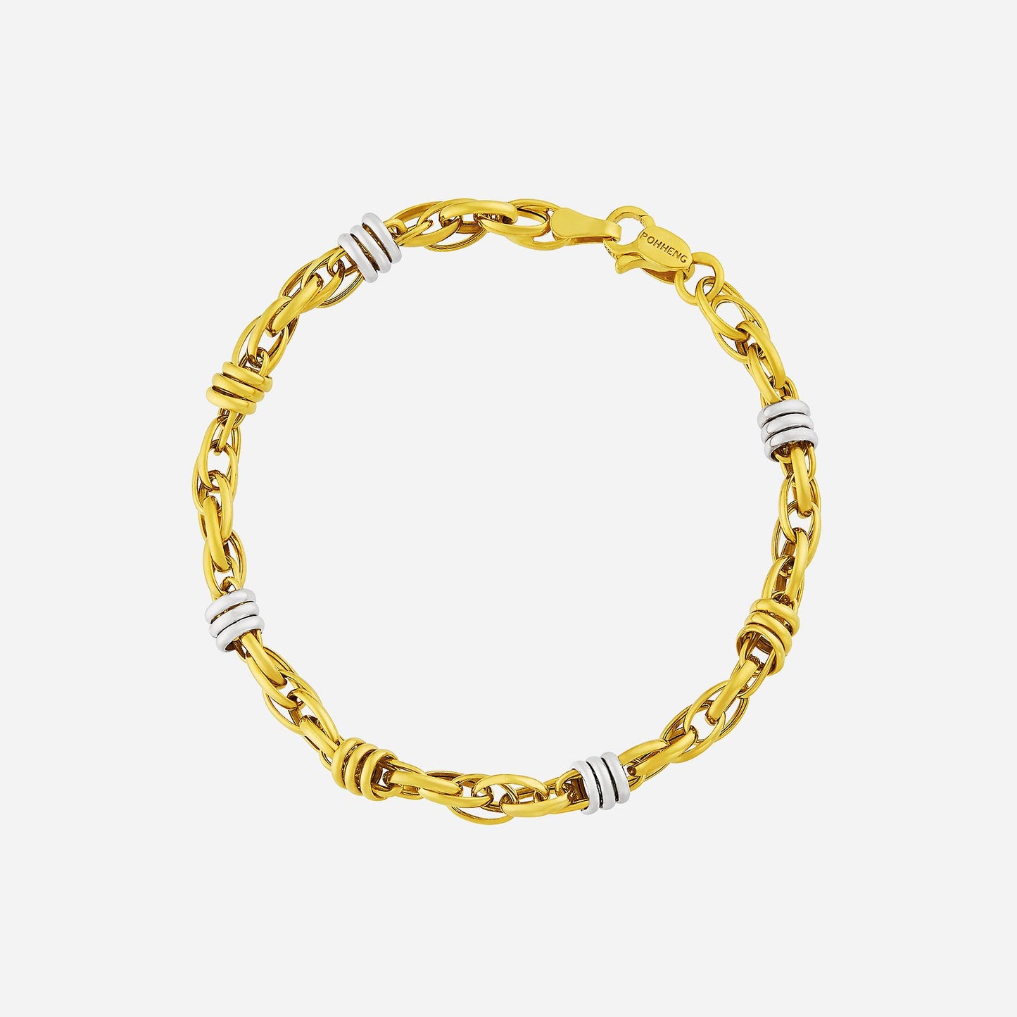 interlink belcher bracelet in polished yellow and white gold with modern links, featuring a unique design.