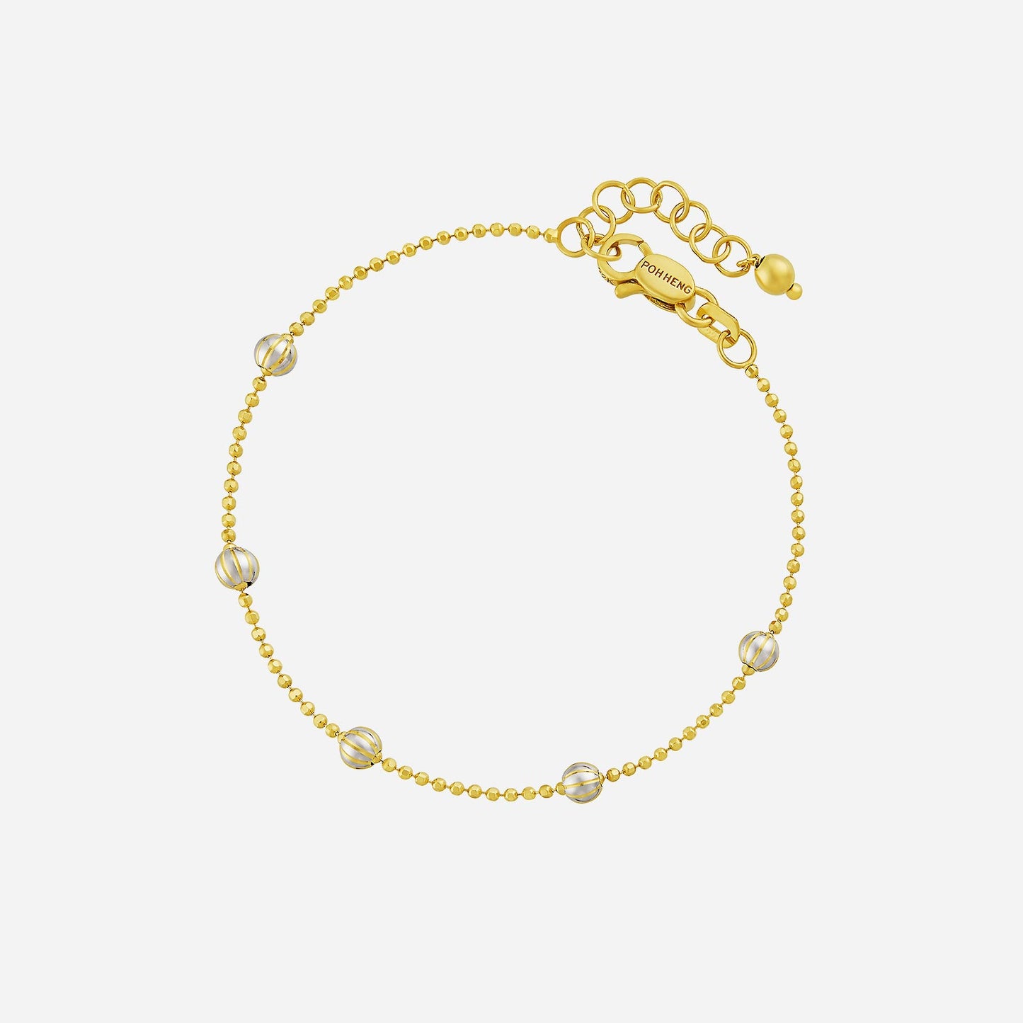 beaded bracelet in 22k yellow gold with transparent striped beads, featuring a delicate adjustable design.
