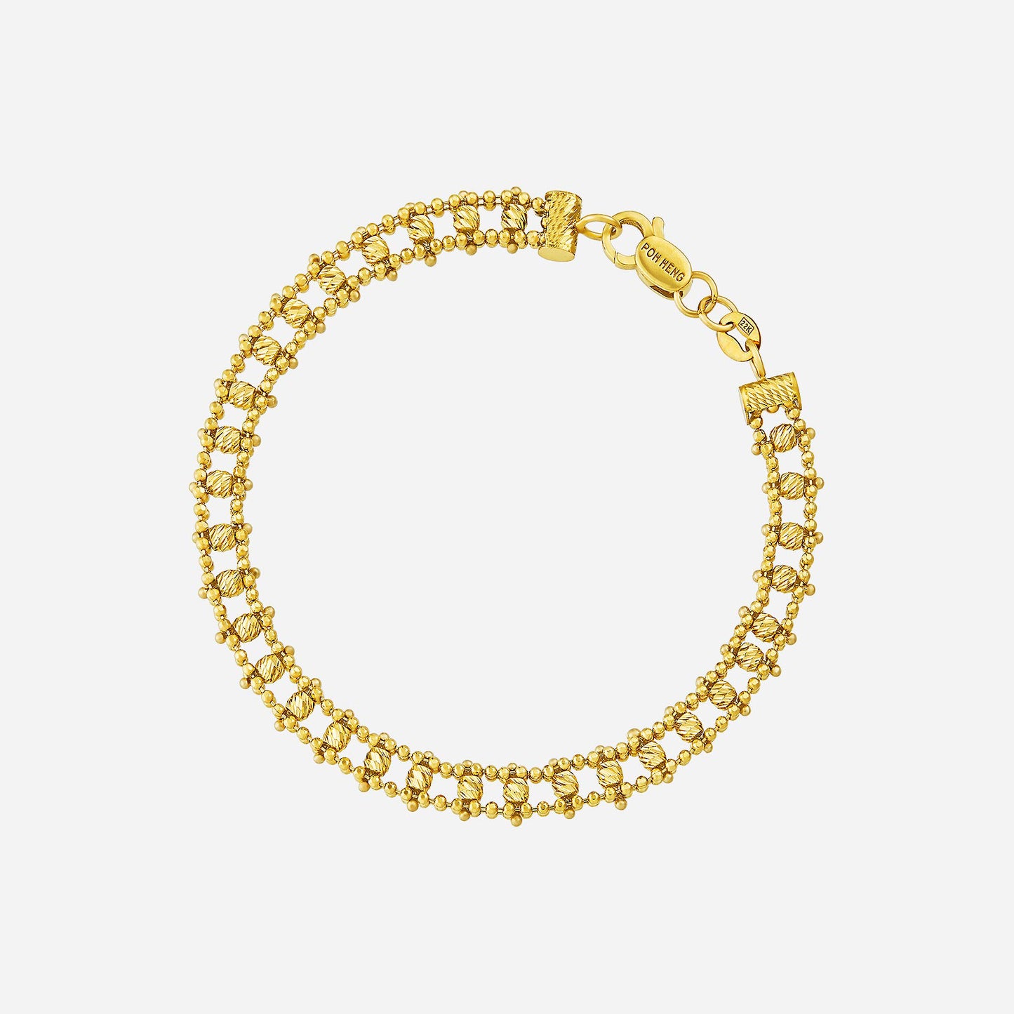 beaded grid bracelet in 22k yellow gold with polished beads in a refined lattice design. elegant and intricate.