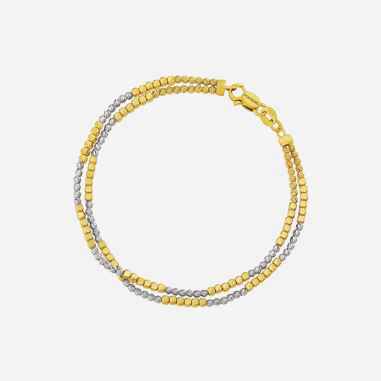 twin beaded bracelet in yellow and white gold featuring cube and round beads in a chic double-strand design.