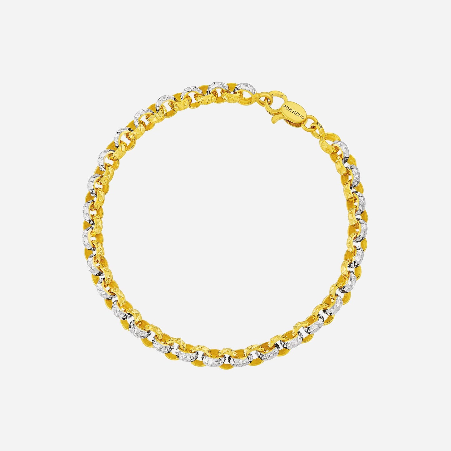 link loop bracelet in 22k yellow and white gold featuring alternating smooth and textured links, modern and classic design.