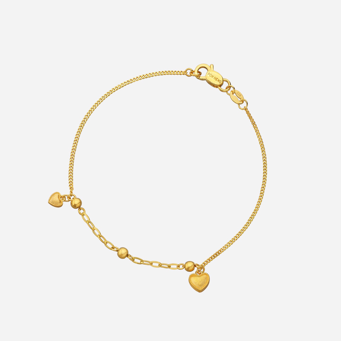 sweet link bracelet in 22k yellow gold, featuring delicate chain, heart charms, and polished bead details.
