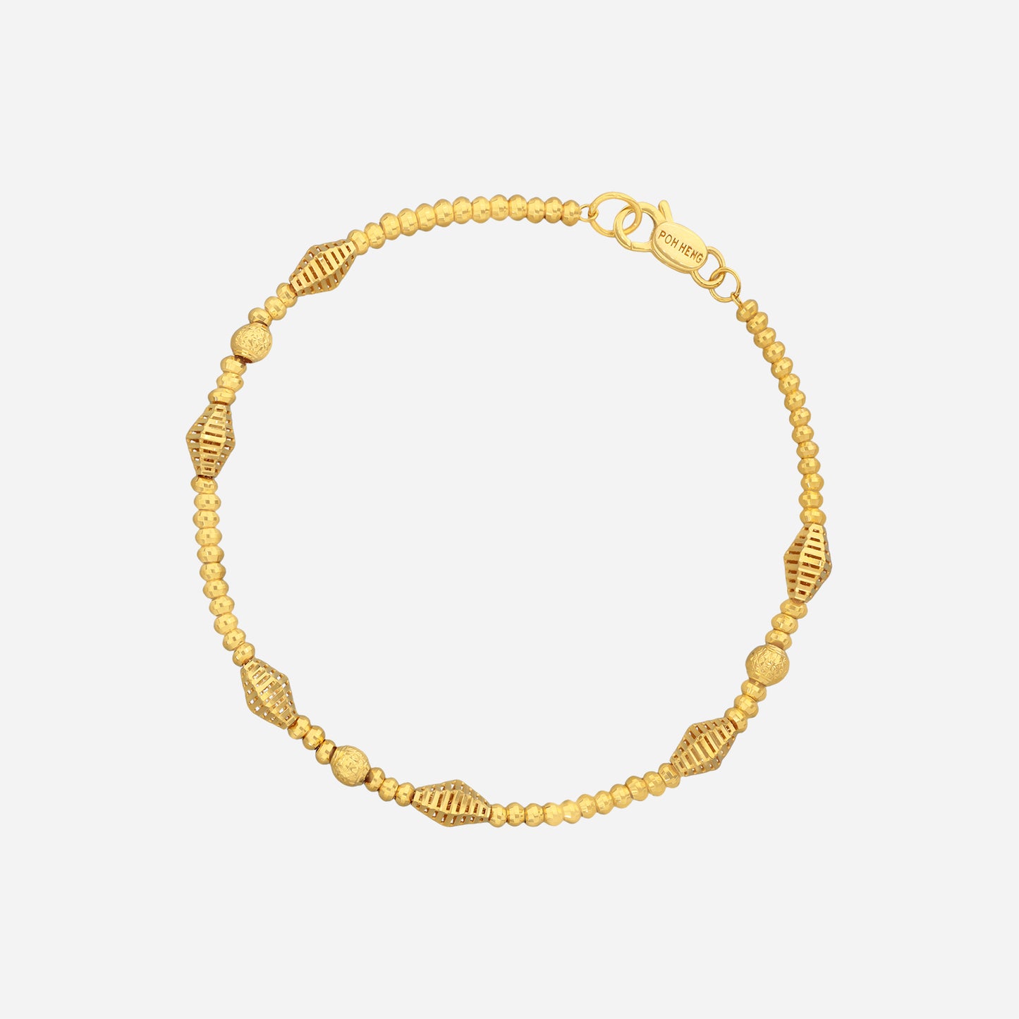 beaded bracelet in 22k yellow gold, featuring polished beads and textured barrel details for added elegance.