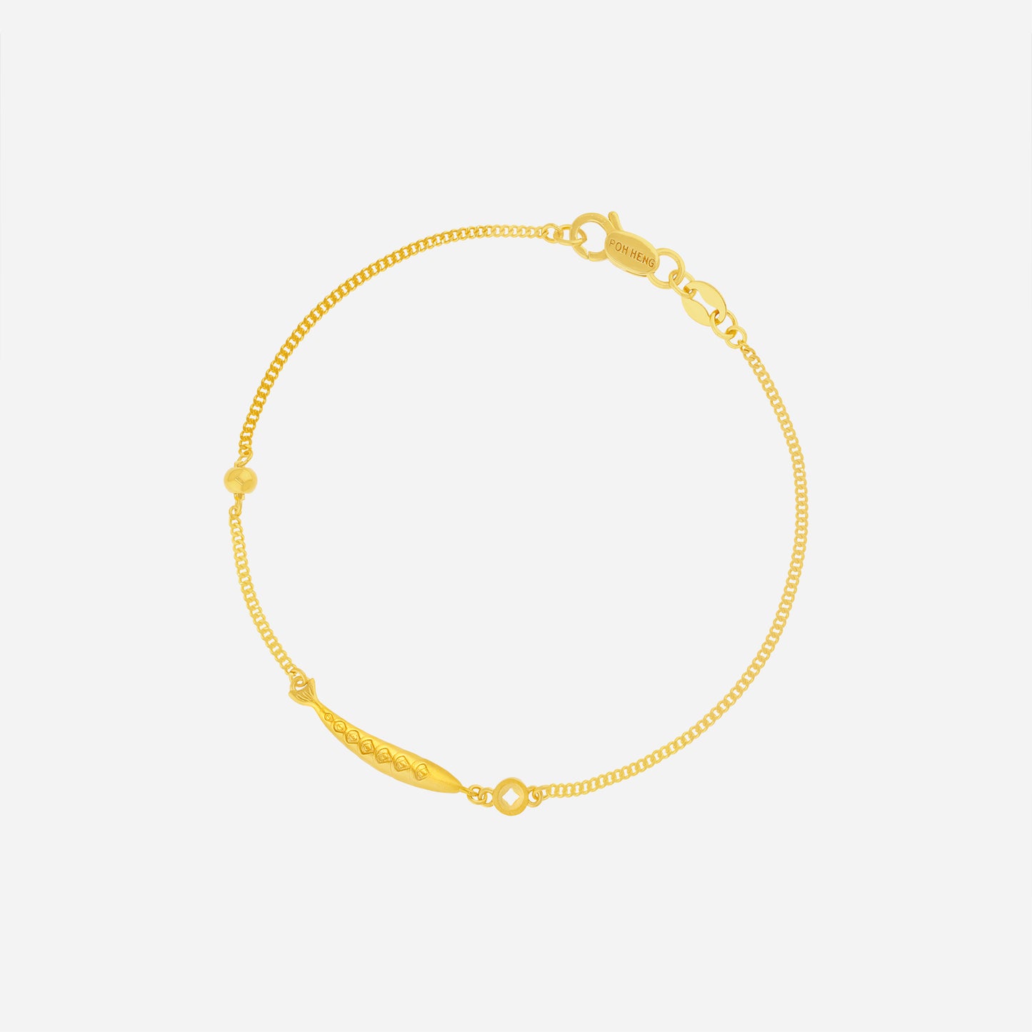 fortune fish bracelet in 22k yellow gold with a gracefully curved fish silhouette and delicate chain design.