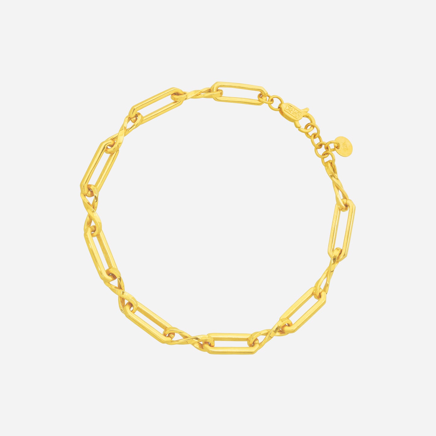 interlock twist bracelet in 22k yellow gold with elongated rectangular links and subtle twisted design.