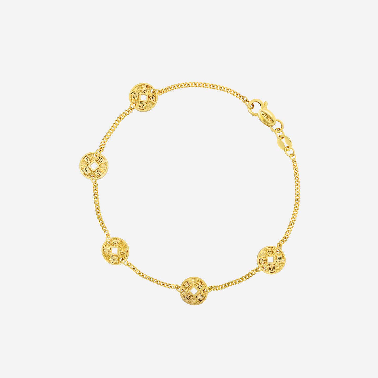 prosperous coins bracelet in 22k yellow gold with detailed coin discs on a refined box chain.