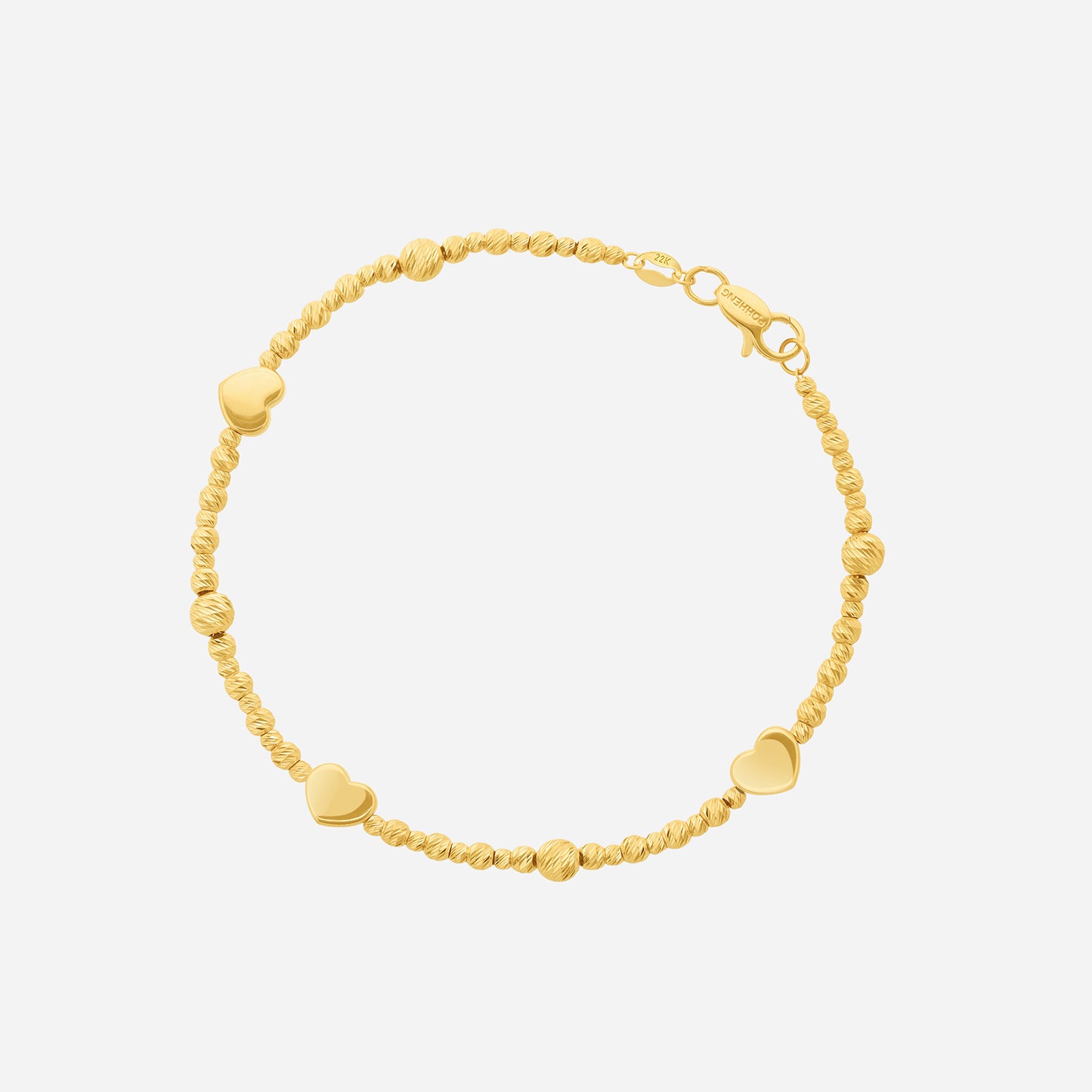 heartstring beaded bracelet in 22k yellow gold with twisted beads and polished heart charms.