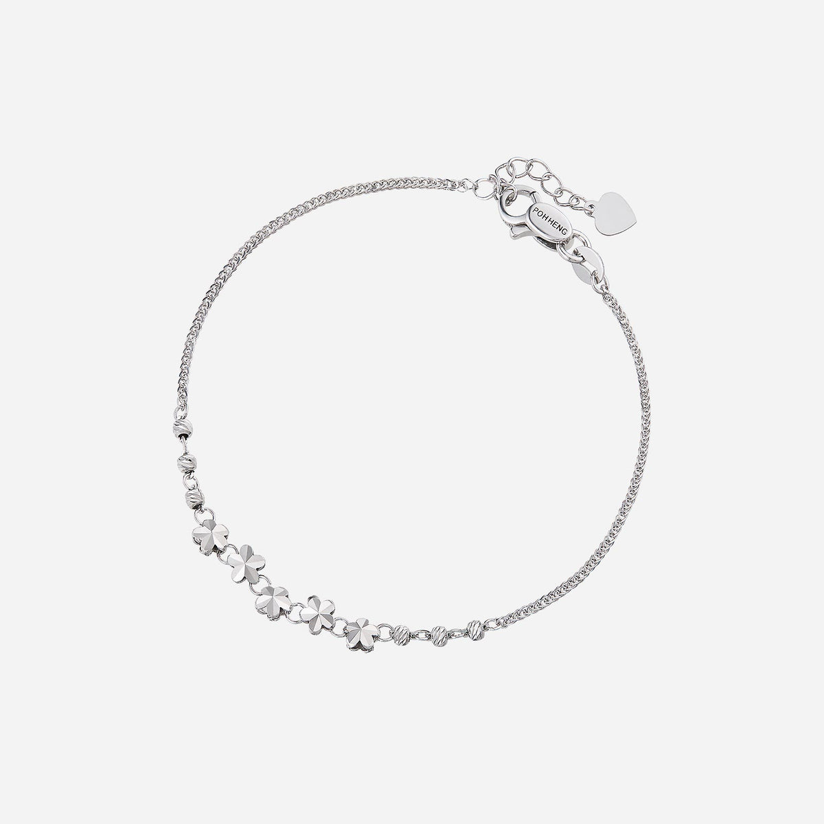 18k white gold bracelet with delicate floral accents and intricate petal details, showcasing a timeless design.