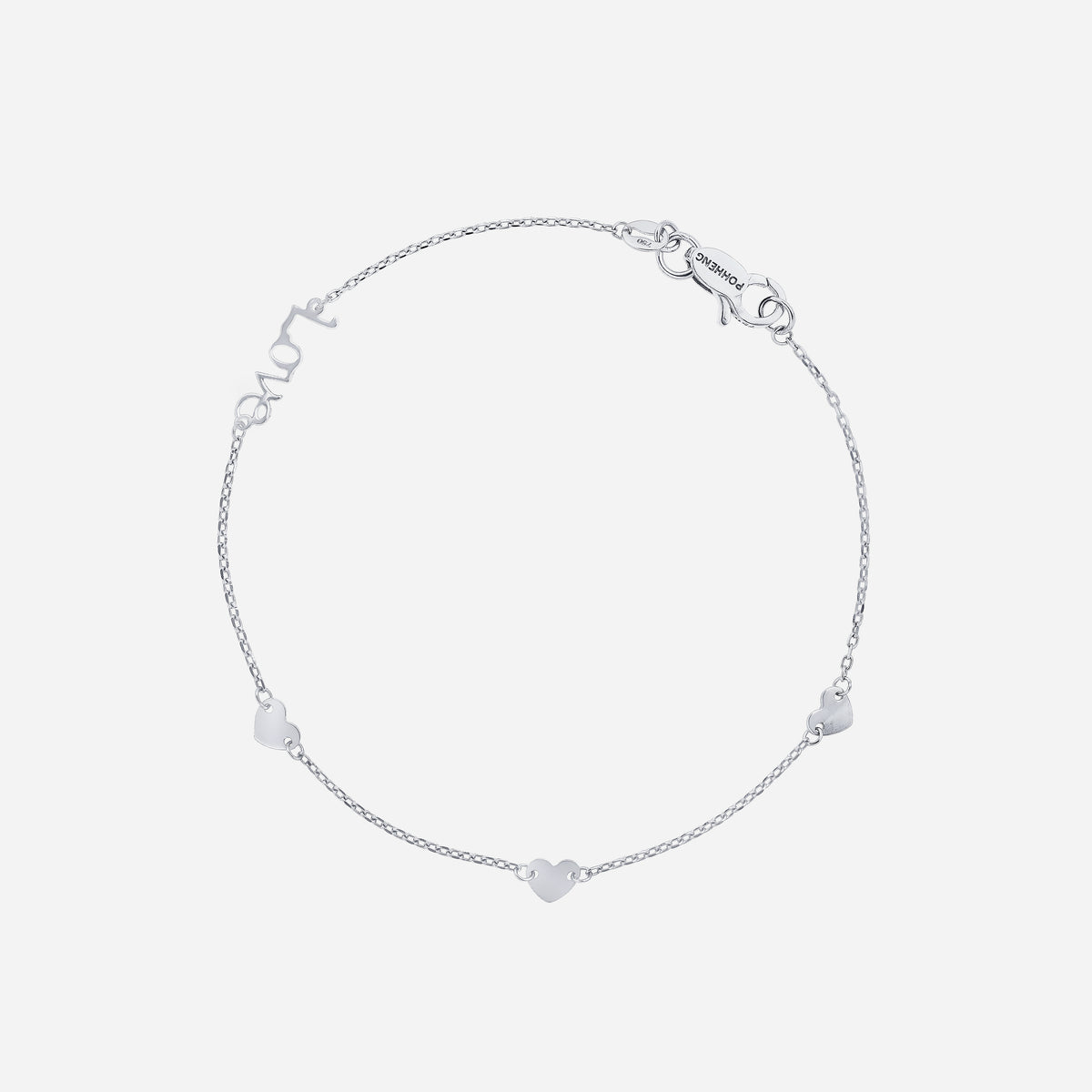 dainty heart bracelet in 18k white gold with 'love' cursive design and small heart motifs on a fine cable chain.